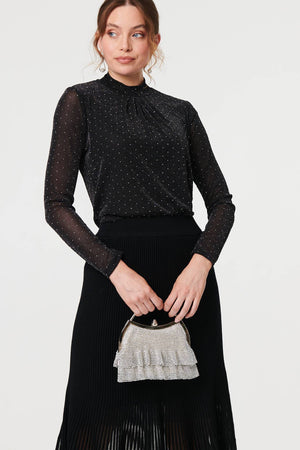 Black | Semi Sheer Pleat High Waist Midi Skirt
