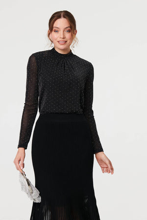 Black | Semi Sheer Pleat High Waist Midi Skirt
