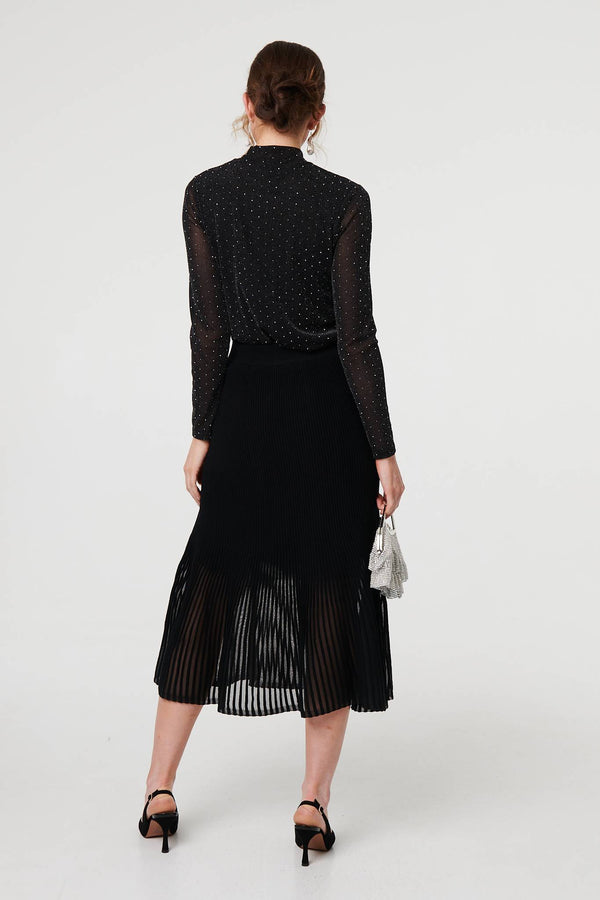 Black | Semi Sheer Pleat High Waist Midi Skirt
