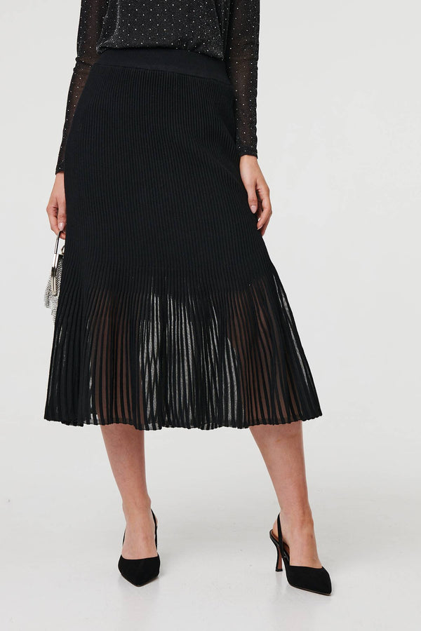 Black | Semi Sheer Pleat High Waist Midi Skirt
