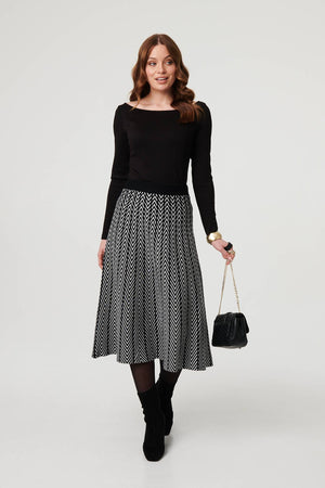 Black | Chevron Print High Waist Knit Midi Skirt
