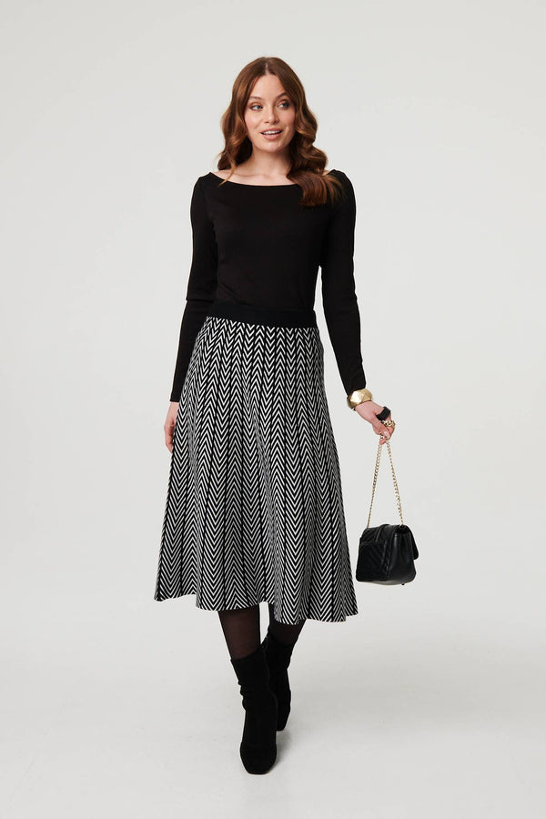 Black | Chevron Print High Waist Knit Midi Skirt
