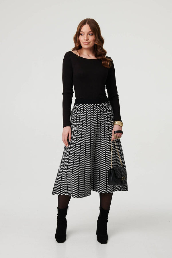 Black | Chevron Print High Waist Knit Midi Skirt
