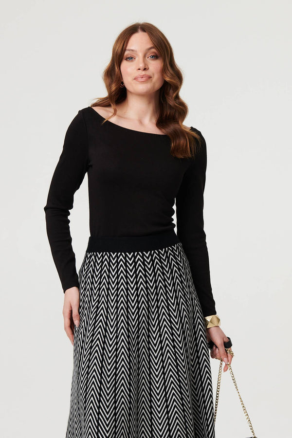 Black | Chevron Print High Waist Knit Midi Skirt
