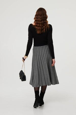 Black | Chevron Print High Waist Knit Midi Skirt
