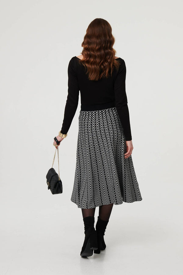 Black | Chevron Print High Waist Knit Midi Skirt

