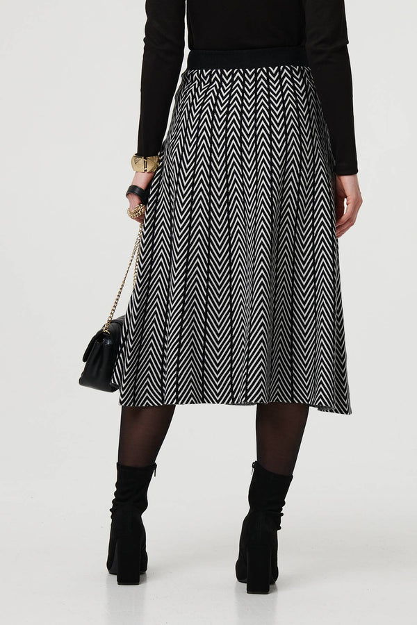 Black | Chevron Print High Waist Knit Midi Skirt
