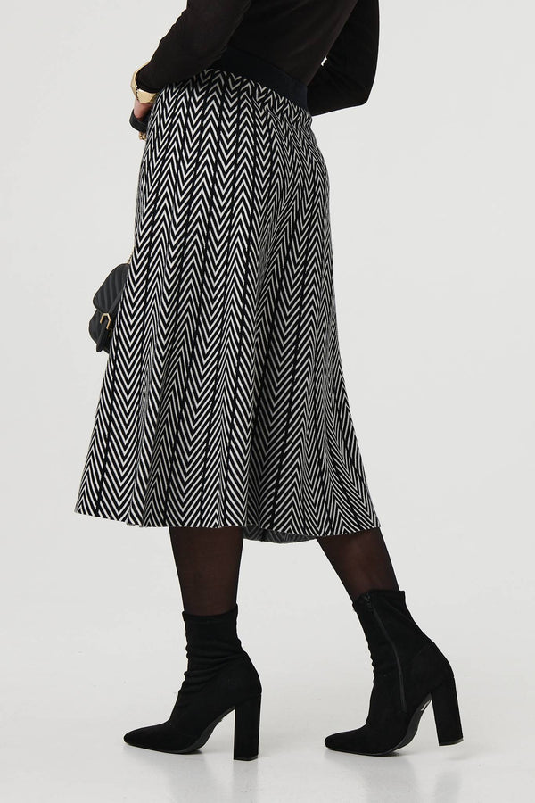 Black | Chevron Print High Waist Knit Midi Skirt
