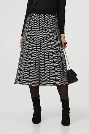 Black | Chevron Print High Waist Knit Midi Skirt
