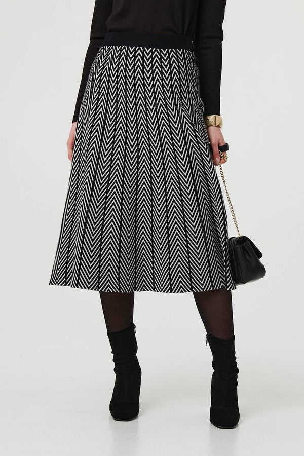 Black | Chevron Print High Waist Knit Midi Skirt
