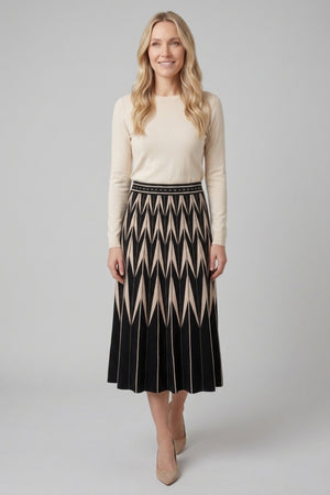 Black | Geo Print Pleated Midi Knit Skirt