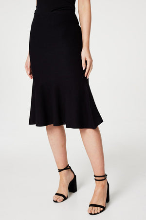 Black | High Waist A-Line Midi Knit Skirt