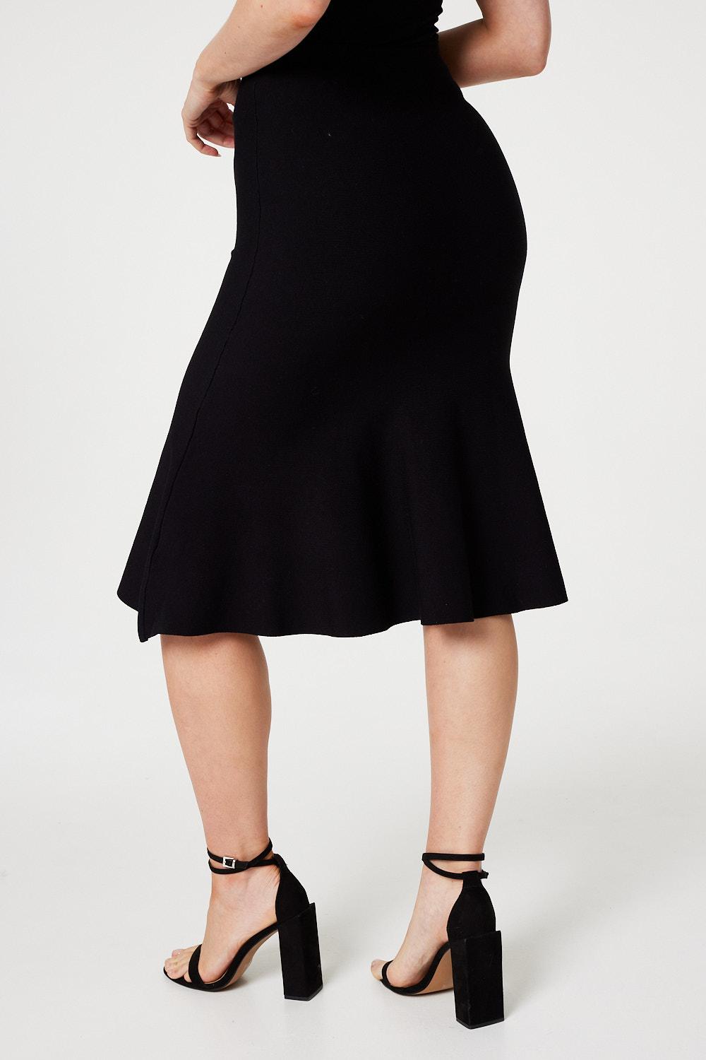 Black | High Waist A-Line Midi Knit Skirt