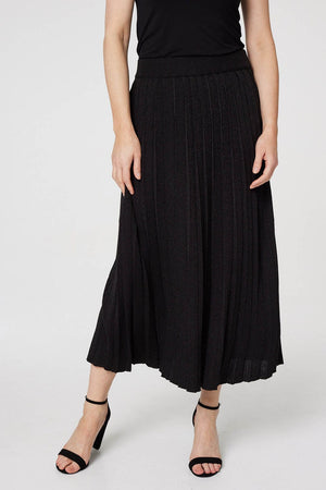Black | High Waist Pleated Knit Skirt