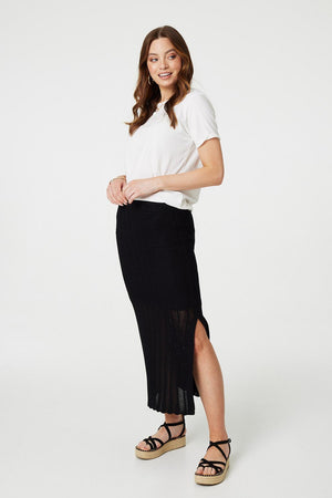 Black | High Waist Crochet Knit Midi Skirt : Model is 5'9
