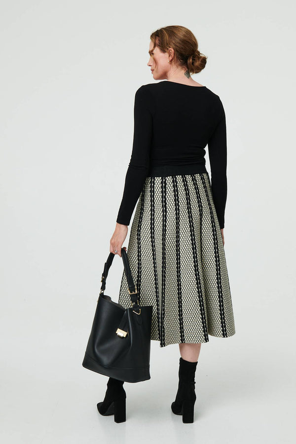 Black | Geo Print A-Line Pleated Midi Skirt
