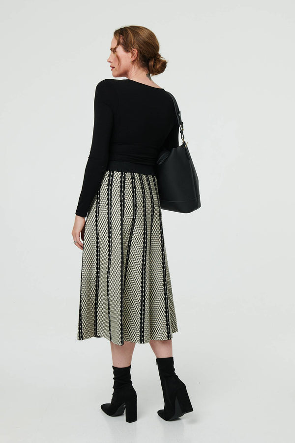 Black | Geo Print A-Line Pleated Midi Skirt
