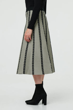 Black | Geo Print A-Line Pleated Midi Skirt
