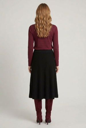 Black | Textured High Waist A-Line Midi Skirt