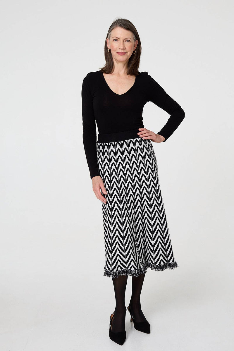 Chevron Print Fringed Knit Midi Skirt