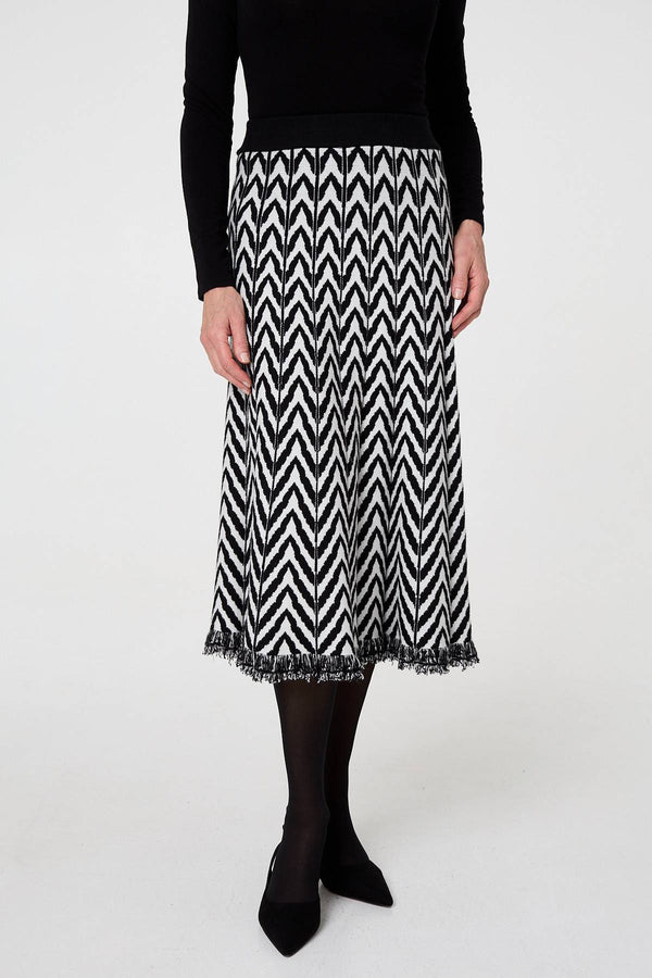 Black | Chevron Print Fringed Knit Midi Skirt
