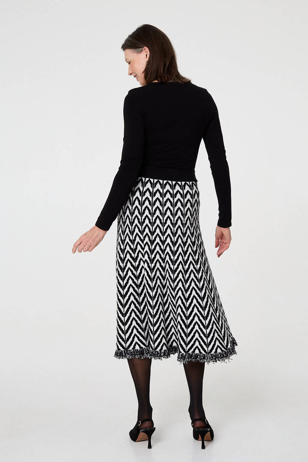 Black | Chevron Print Fringed Knit Midi Skirt
