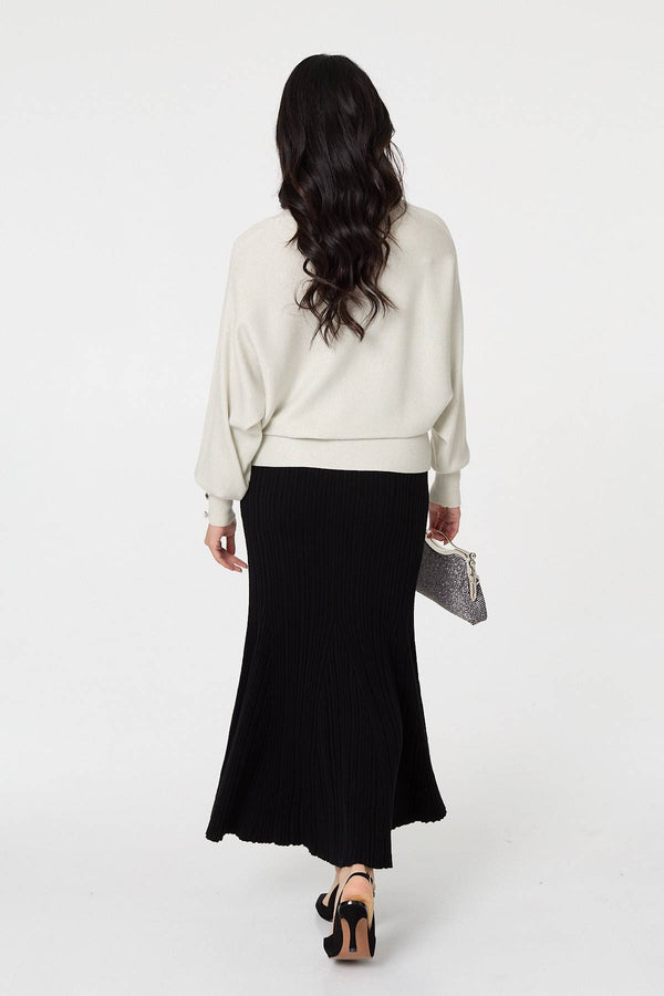 Black | Stripe Pleated Texture Knit Maxi Skirt
