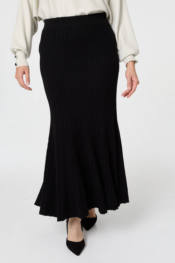 Black | Stripe Pleated Texture Knit Maxi Skirt
