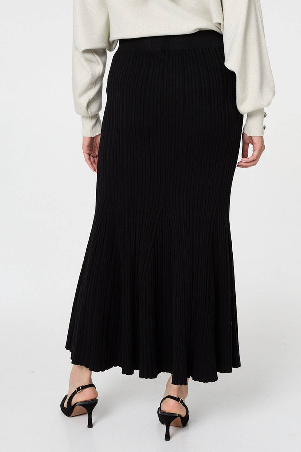 Black | Stripe Pleated Texture Knit Maxi Skirt
