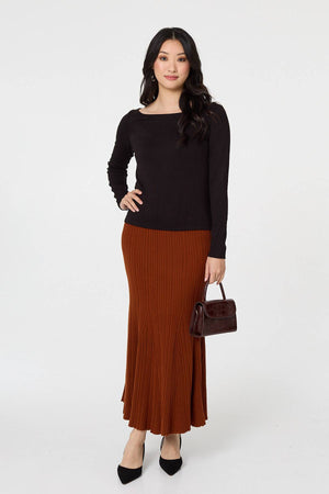 Rust | Stripe Pleated Texture Knit Maxi Skirt

