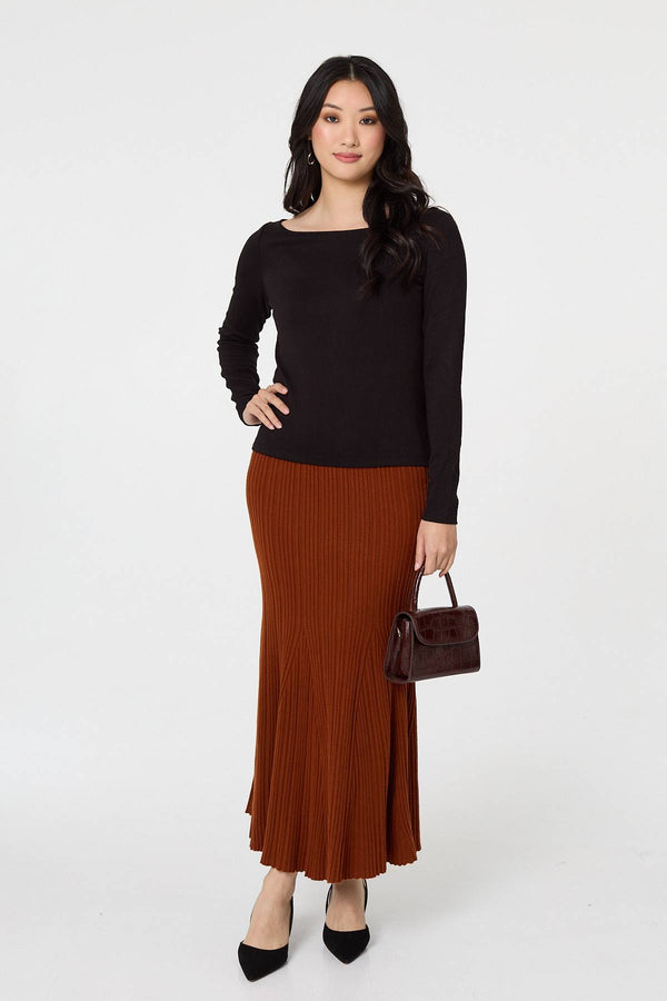 Rust | Stripe Pleated Texture Knit Maxi Skirt

