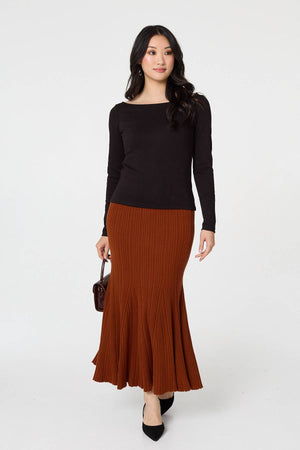 Rust | Stripe Pleated Texture Knit Maxi Skirt : Model is 5'9