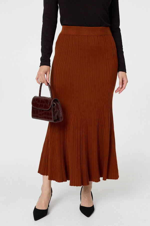 Rust | Stripe Pleated Texture Knit Maxi Skirt

