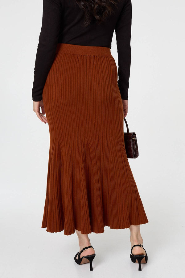 Rust | Stripe Pleated Texture Knit Maxi Skirt

