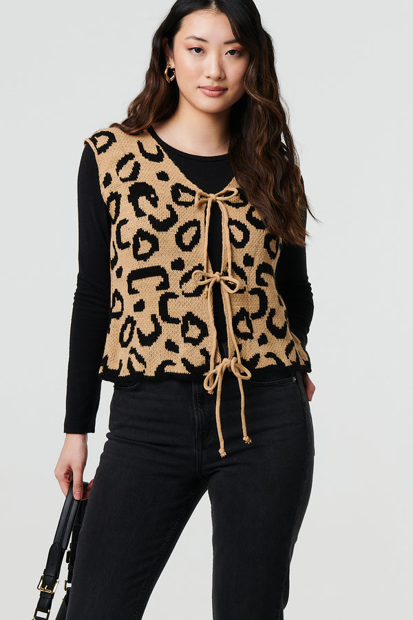 Brown | Animal Print Tie Front Sleeveless Vest

