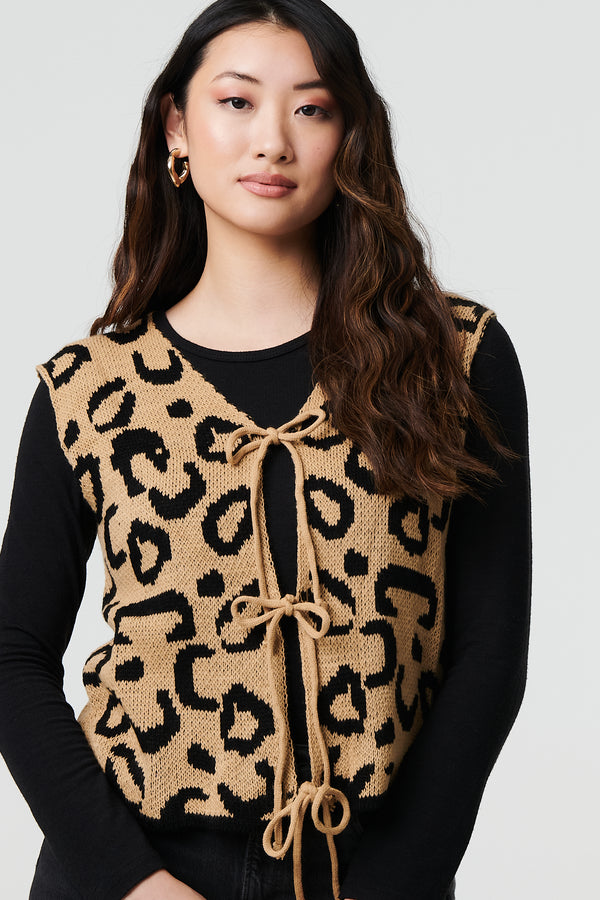 Brown | Animal Print Tie Front Sleeveless Vest
