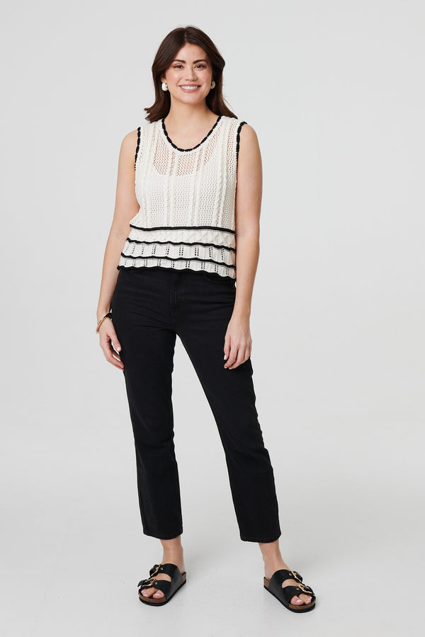White | Textured Knit Contrast Trim Cropped Vest
