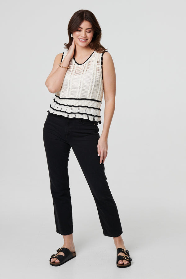 White | Textured Knit Contrast Trim Cropped Vest
