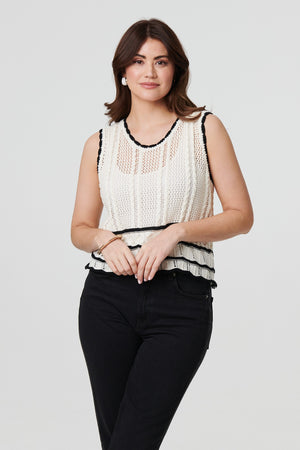 White | Textured Knit Contrast Trim Cropped Vest
