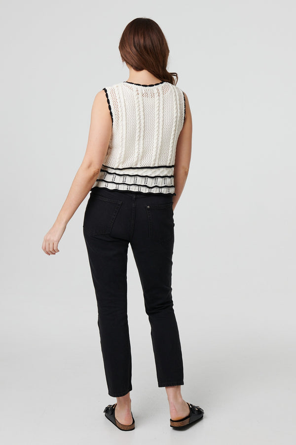 White | Textured Knit Contrast Trim Cropped Vest
