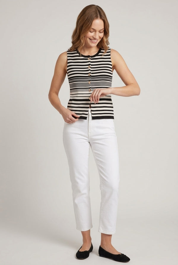 Black | Striped Sleeveless Button Up Knit Vest