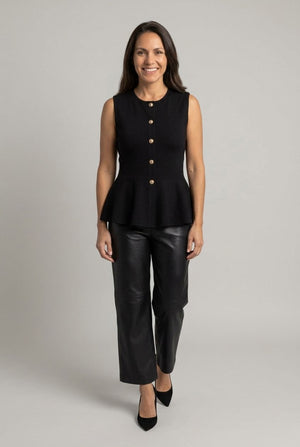 Black | Sleeveless Button Front Peplum Top