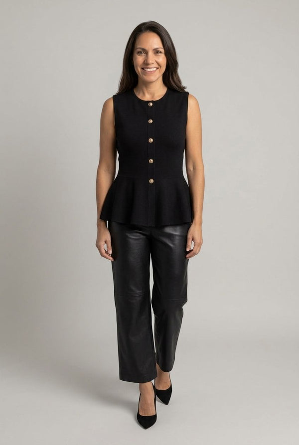 Black | Sleeveless Button Front Peplum Top