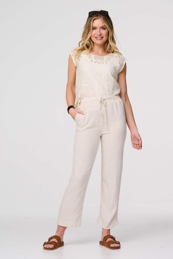 Beige | High Waist Wide Drawstring Trousers : Model is 5'10"/178 cm and wears UK8/EU36/US4/AUS8
