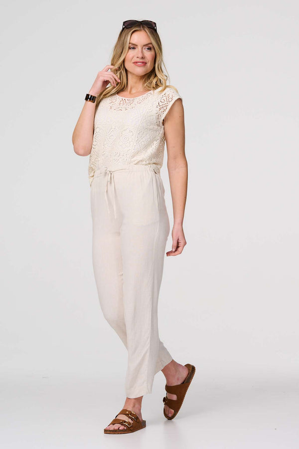 Beige | High Waist Wide Drawstring Trousers