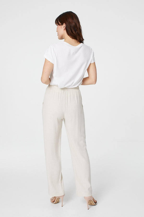 Beige | High Waist Wide Drawstring Trousers