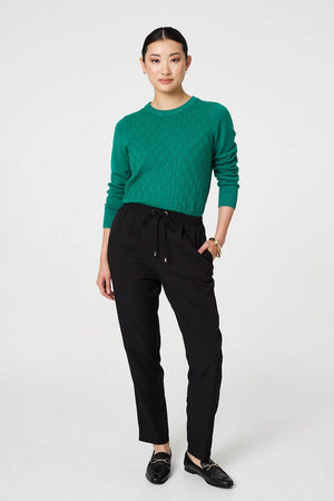 Black | Plain Drawstring Waist Slim Trousers : Model is 5'9