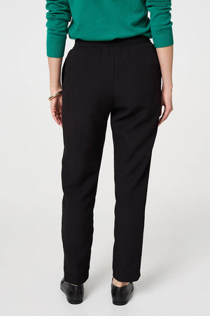 Black | Plain Drawstring Waist Slim Trousers
