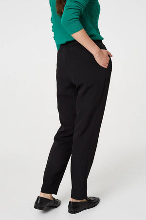 Black | Plain Drawstring Waist Slim Trousers
