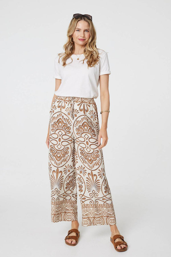 Beige | Printed High Waist Wide Leg Trousers
